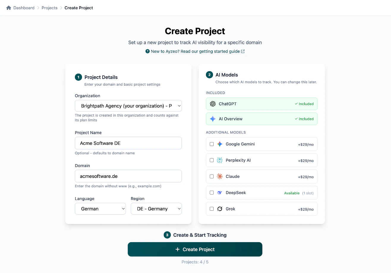 The Create Project form with organization, project name, domain, language German and region Germany, next to the list of AI models to track