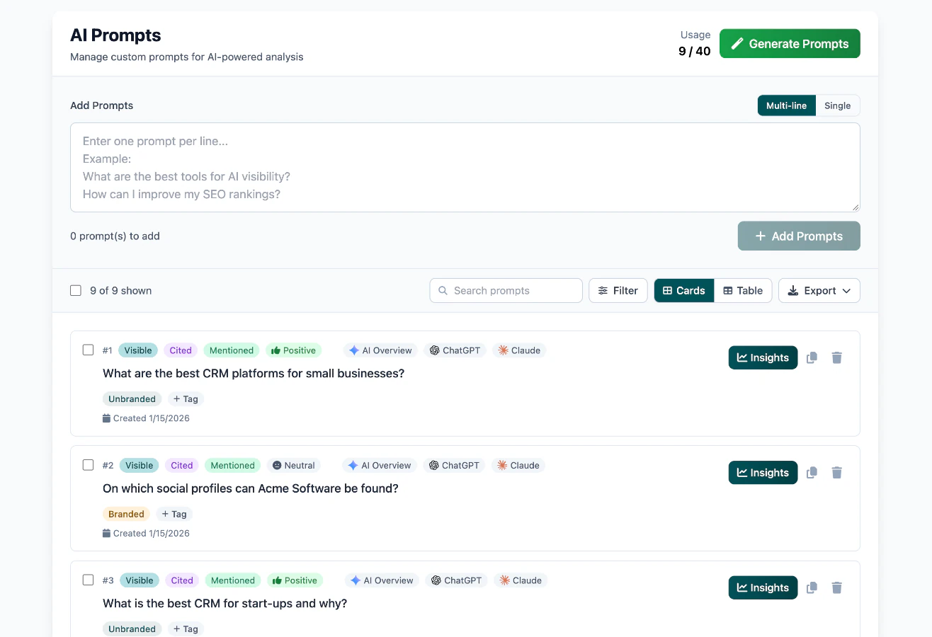 The tracked prompts list of a client project with Branded and Unbranded tag chips on each prompt and per-engine status pills