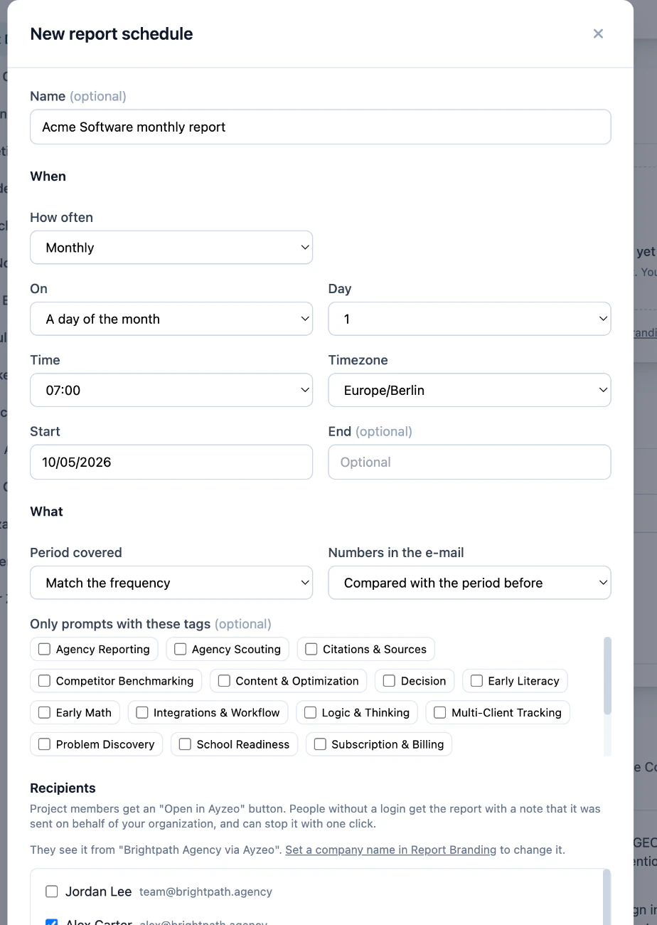 The report schedule editor set to monthly on day one, with a period selector, prompt tag filters and the client as recipient