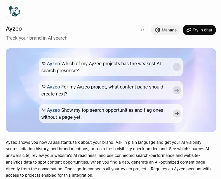 The Ayzeo listing in ChatGPT's plugin directory, titled Ayzeo, Track your brand in AI search, with three example prompts: which of my Ayzeo projects has the weakest AI search presence, what content page should I create next, and show my top search opportunities