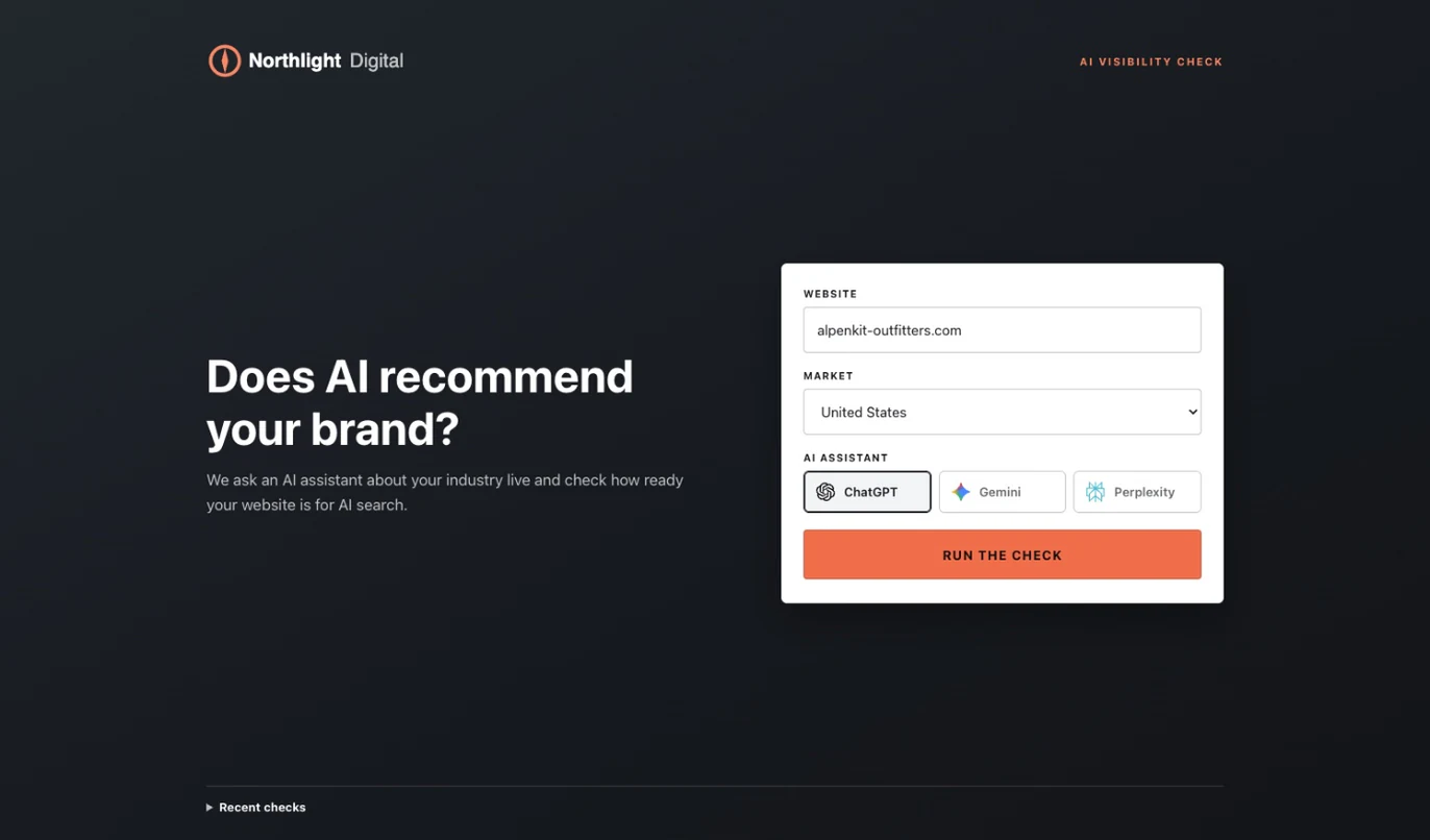 The Prospect Scanner under an agency's logo: the prospect's website, the market and the AI assistant to ask, chosen from ChatGPT, Gemini and Perplexity