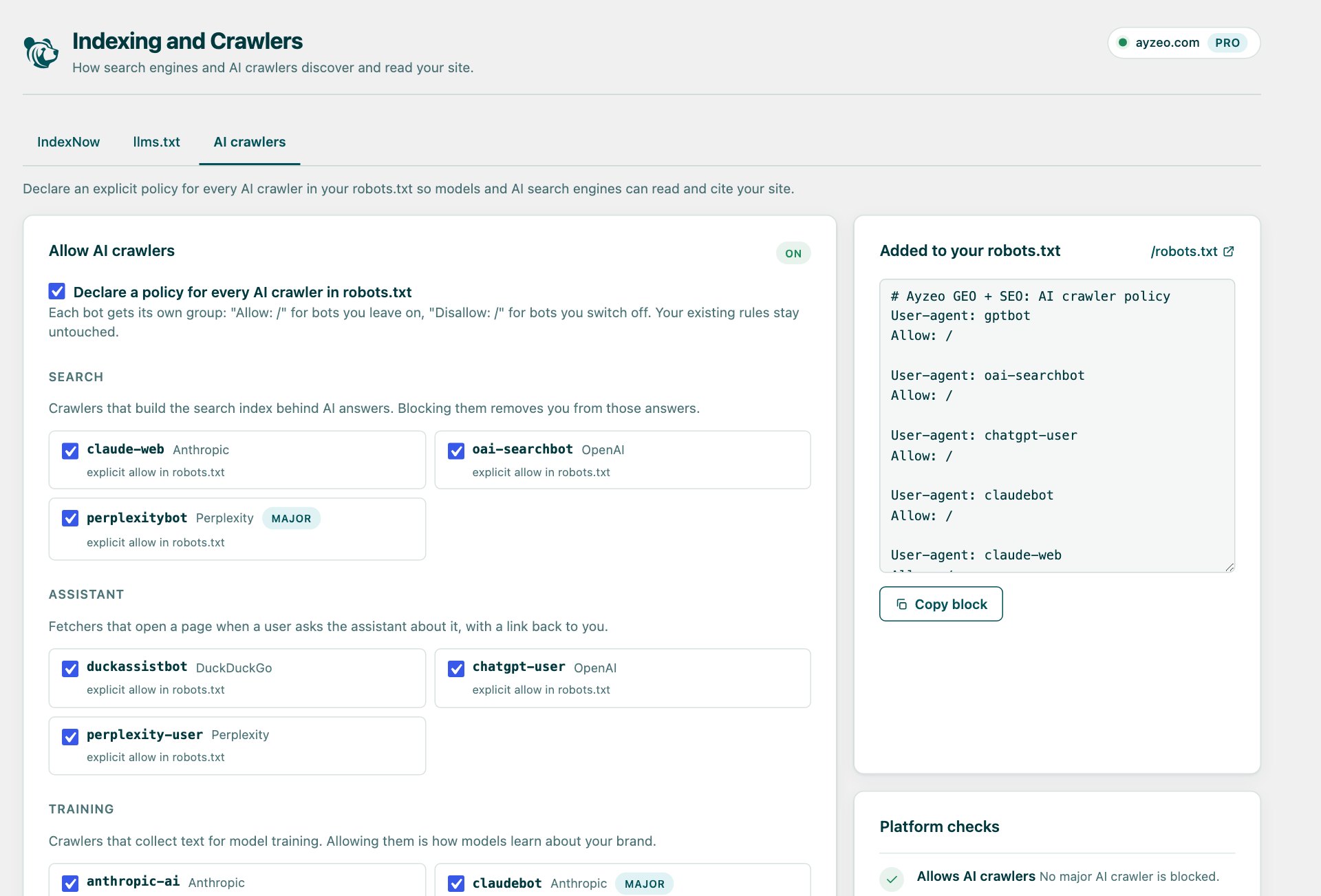 AI crawlers tab: allow toggles per crawler grouped into search, assistant and training, with the generated robots.txt block on the right