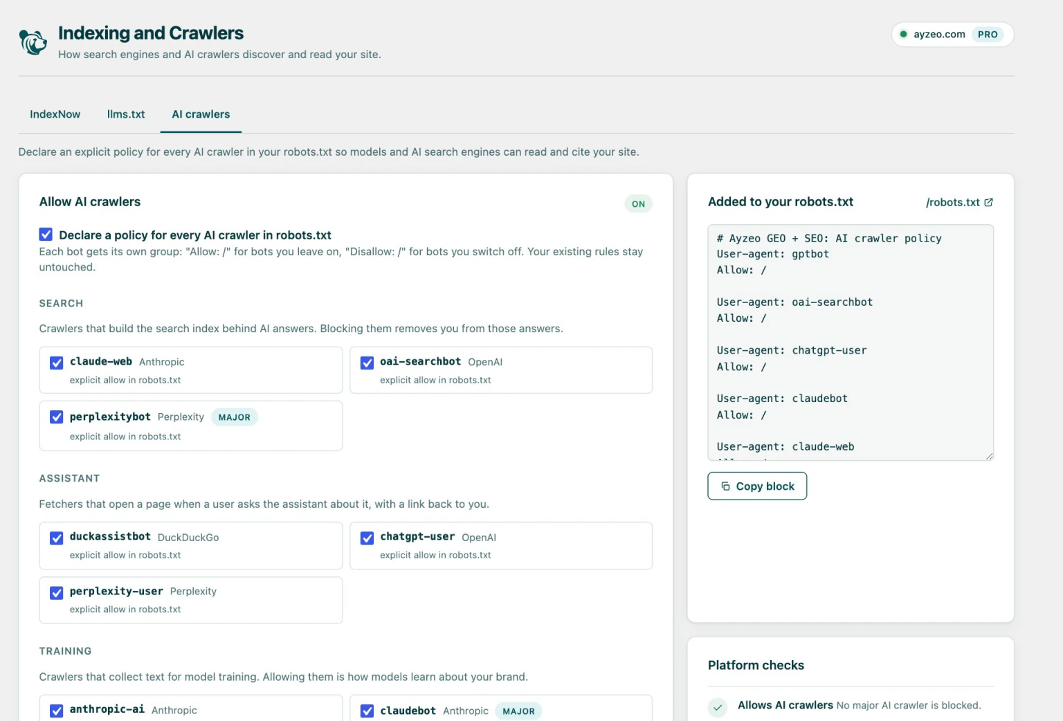 The AI crawlers tab in WordPress with search, assistant and training groups on the left and the generated robots.txt block on the right.