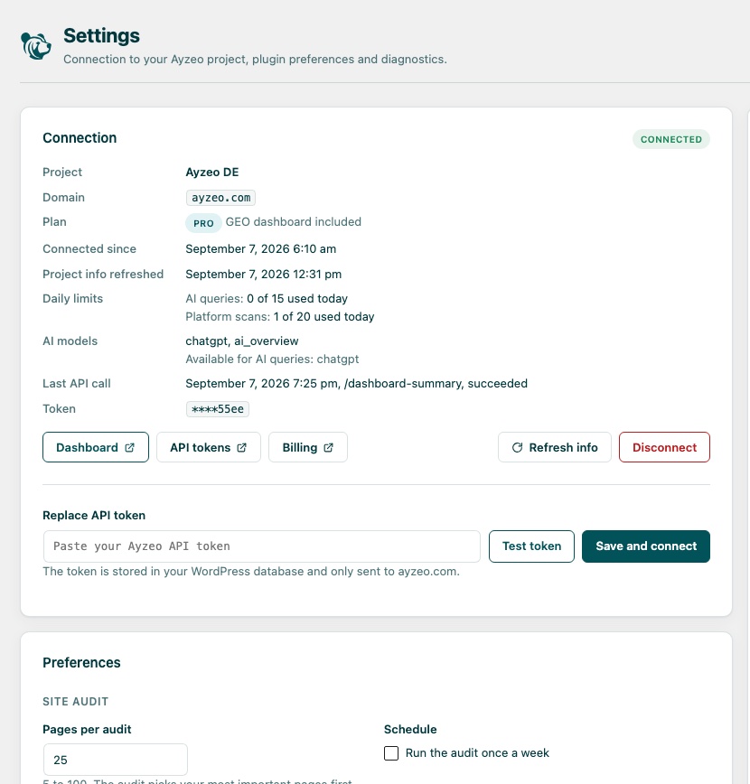 The plugin's Settings screen showing a connected project: project name, domain, Pro plan, daily limits, AI models and a masked API token