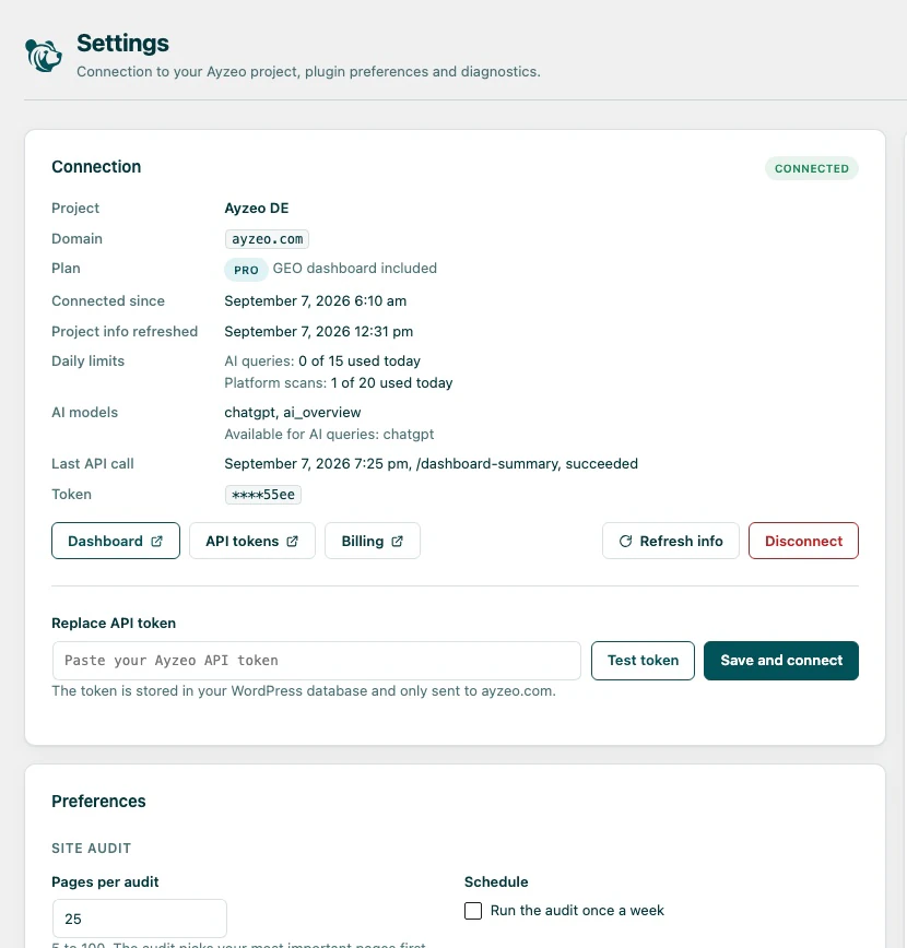 The Ayzeo Settings screen in WordPress showing a connected project with its plan, daily limits, AI models and the API token field.