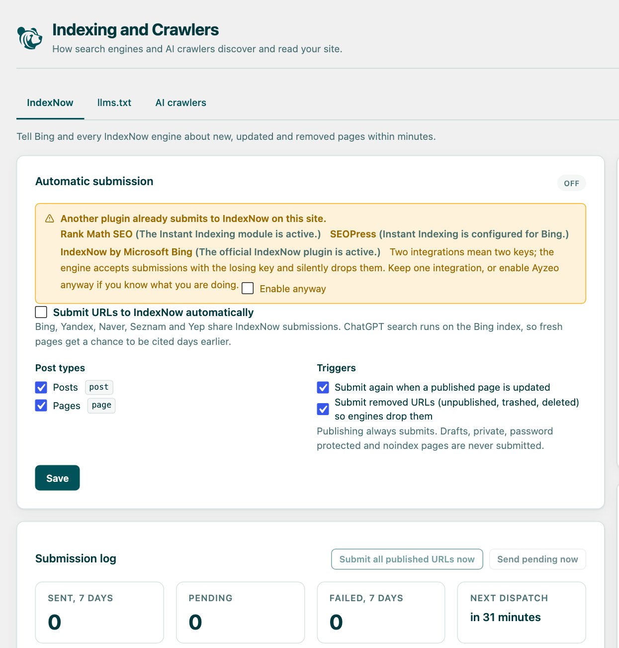 IndexNow settings in the Ayzeo plugin: automatic submission toggle, a notice that Rank Math and SEOPress already submit, post types, triggers and the submission log