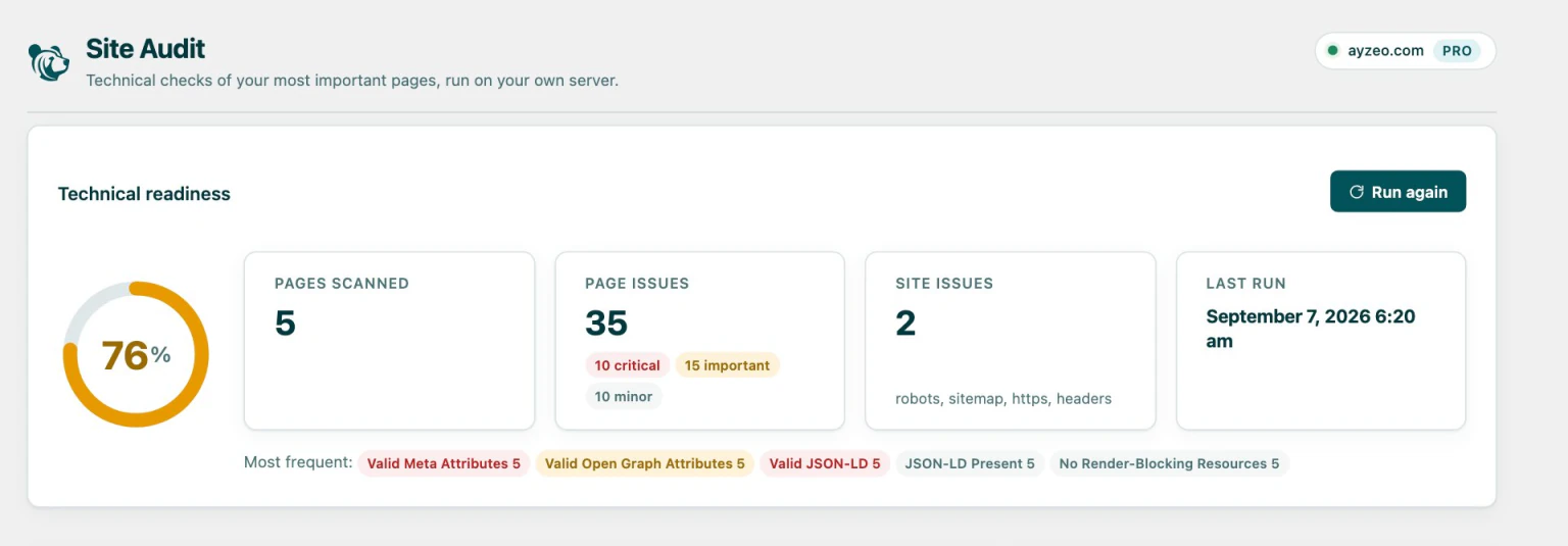 The Site Audit screen in WordPress showing a technical readiness score, pages scanned, page issues by severity and the most frequent checks.
