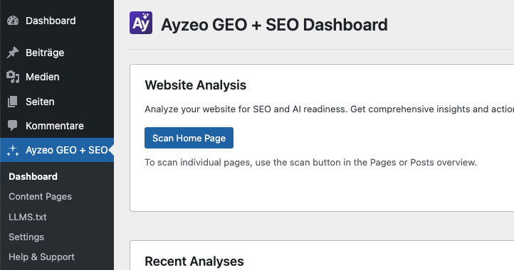 Ayzeo WordPress Plugin Dashboard