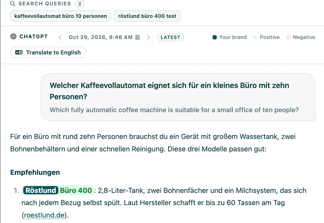 The prompt analysis popup on a German answer: the prompt bubble with its English line, the answer in German, and the Translate to English button above the answer