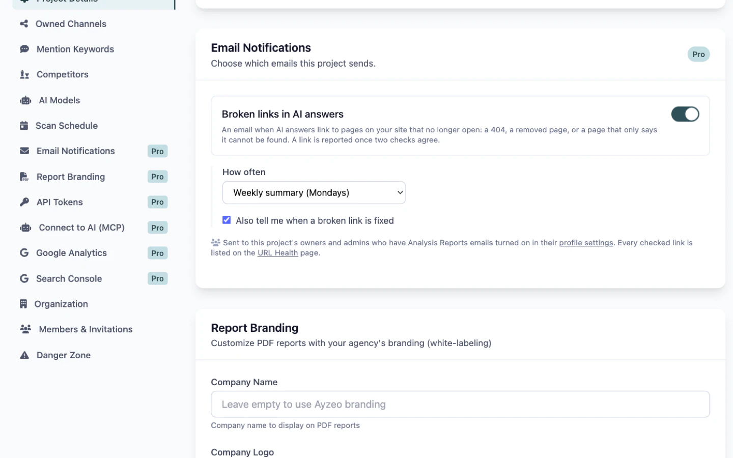 The Email Notifications card in Ayzeo project settings: the Broken links in AI answers switch turned on, How often set to Weekly summary (Mondays), the option to be told when a broken link is fixed ticked, and a note on who receives the email