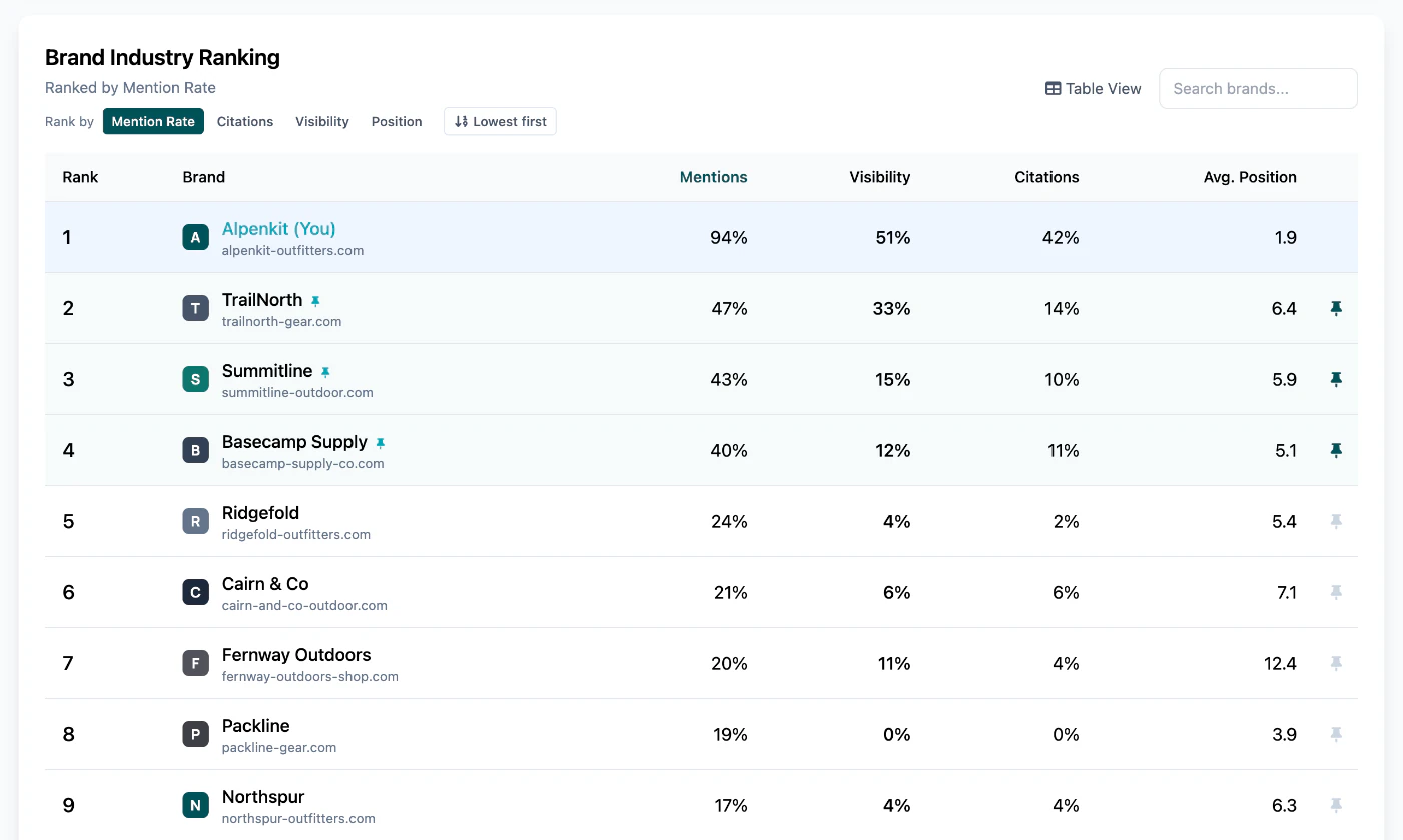 Brand Industry Ranking of an online store project with the tracked shop ranked first and competitor shops listed with mentions, visibility, citations and average position